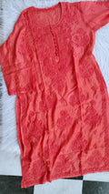 Red Dove Slik Premium Muslin Soft Chikankari Kurta by LVW Fashions, handmade Lucknow Chikankari kurta in XXS size.