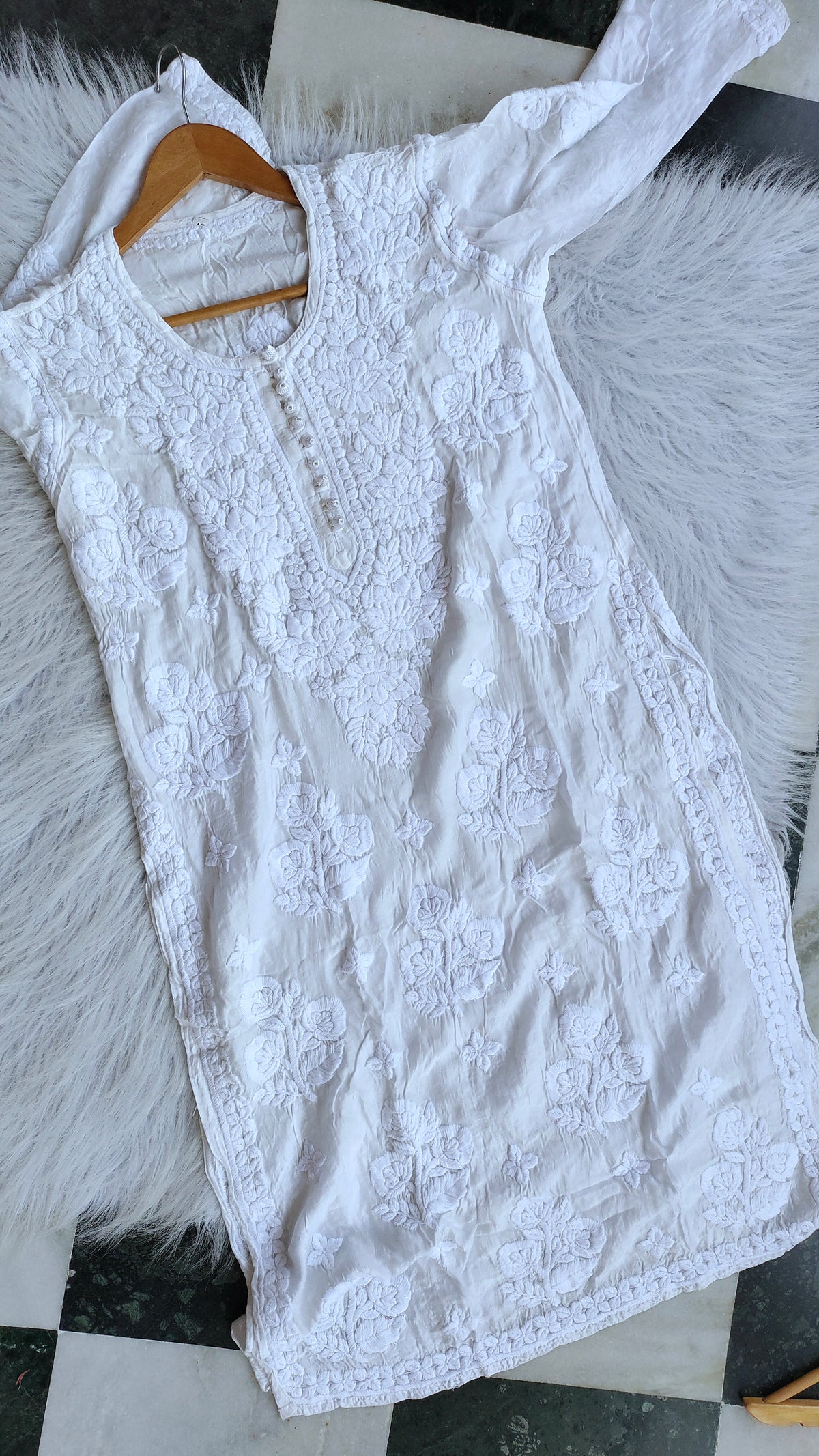 Red Dove Slik Premium Muslin Soft Chikankari Kurta by LVW Fashions, handmade Lucknow Chikankari kurta with intricate embroidery.