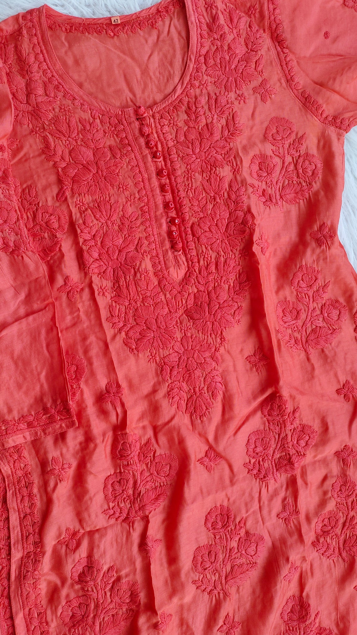 Red Dove Slik Premium Muslin Soft Chikankari Kurta by LVW Fashions, handmade Lucknow Chikankari kurta in XXS size.