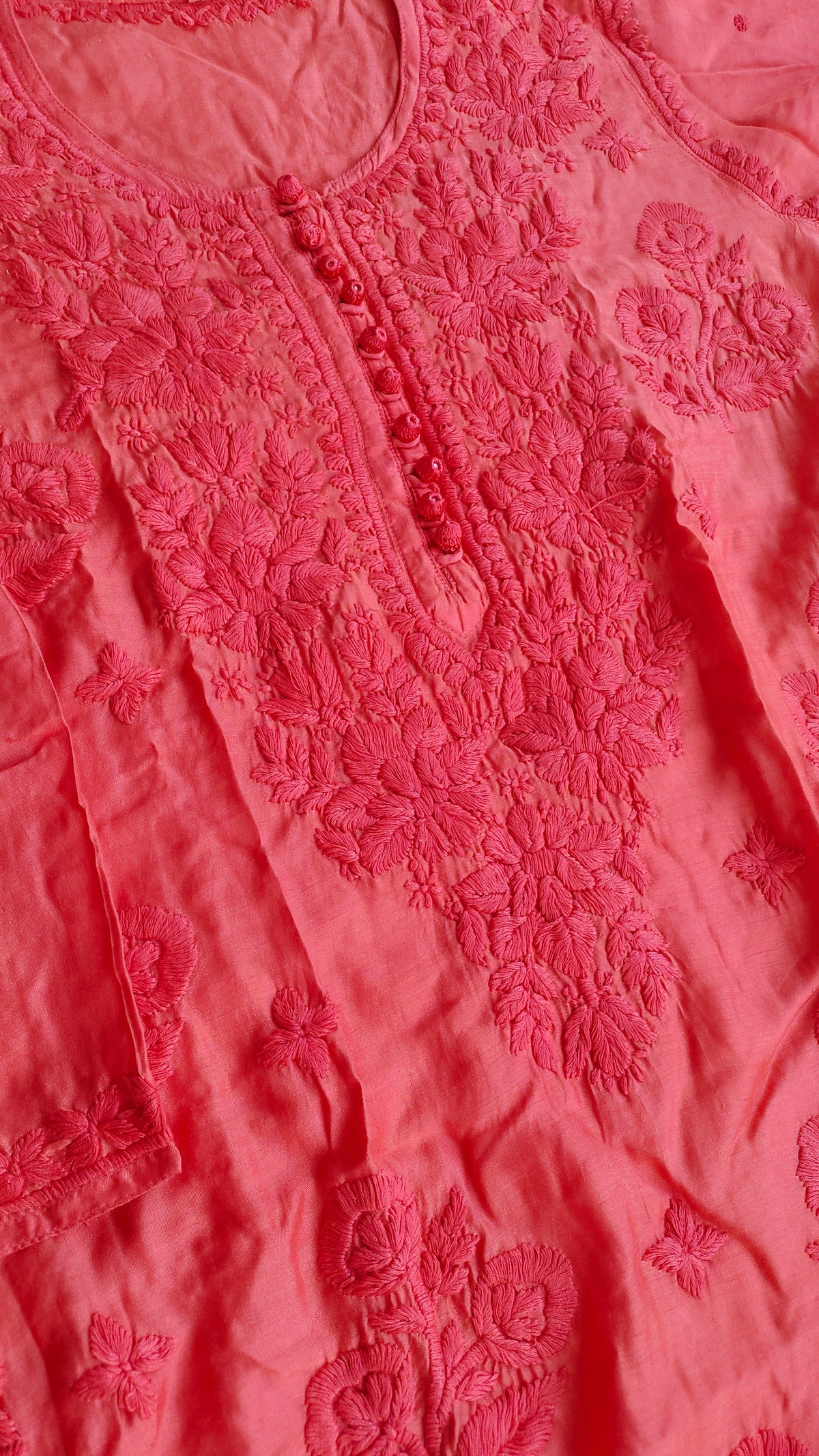 Red Dove Slik Premium Muslin Chikankari Kurta by LVW Fashions, handmade Lucknow soft embroidered kurta, short-sleeve design