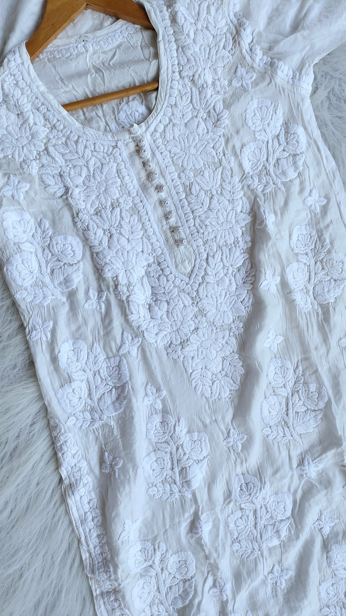 Red Dove Slik Premium Muslin Soft Chikankari Kurta by LVW Fashions, handmade Lucknow chikankari kurta with intricate embroidery.