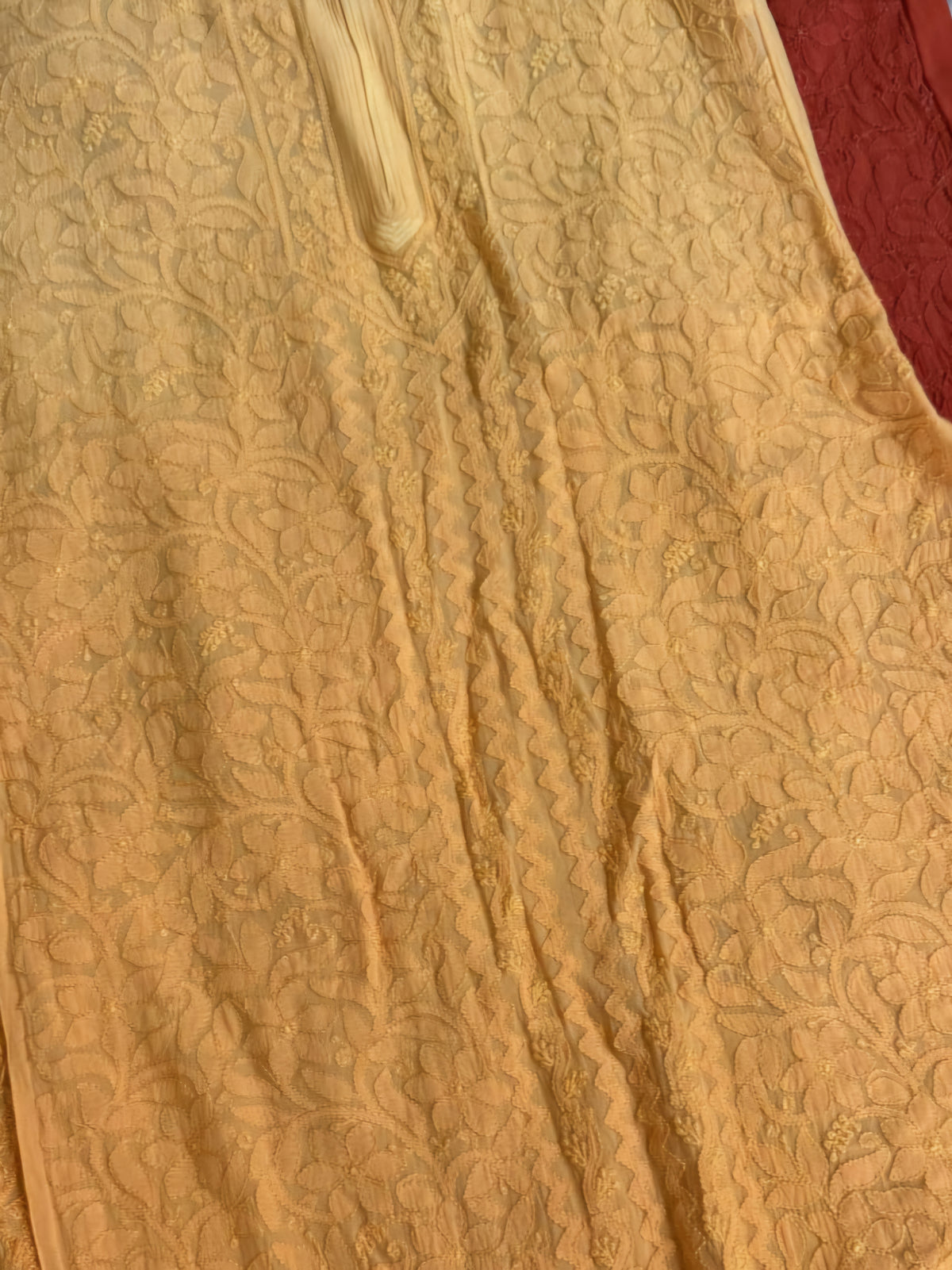 Red full-front jaal premium georgette Chikankari kurta by LVW Fashions, handmade Lucknow Chikankari luxurious set.