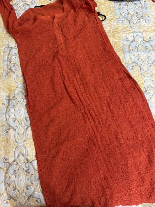 Luxurious red full-front jaal georgette Chikankari kurta by LVW Fashions, handcrafted Lucknow Chikankari set, elegant traditional design