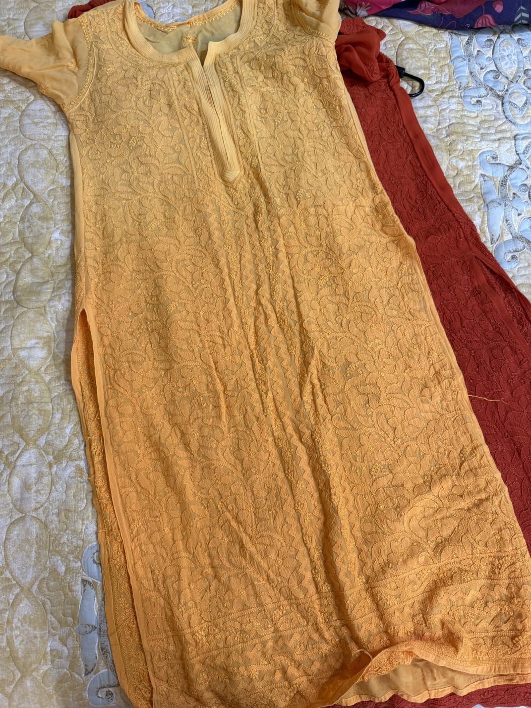 Red full-front jaal georgette chikankari kurta by LVW Fashions, luxurious handmade Lucknow Chikankari set with intricate embroidery.