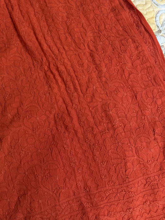 Red full front jaal premium georgette Chikankari kurta by LVW Fashions, luxurious handmade Lucknow Chikankari set.