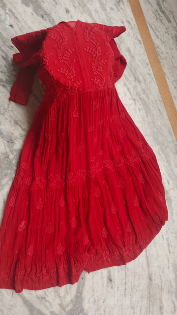 Red premium georgette Chikankari gown by LVW Fashions, showcasing intricate handmade Lucknow-style embroidery.