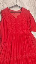 Red premium georgette Chikankari gown by LVW Fashions featuring intricate handmade Lucknow Chikankari embroidery.