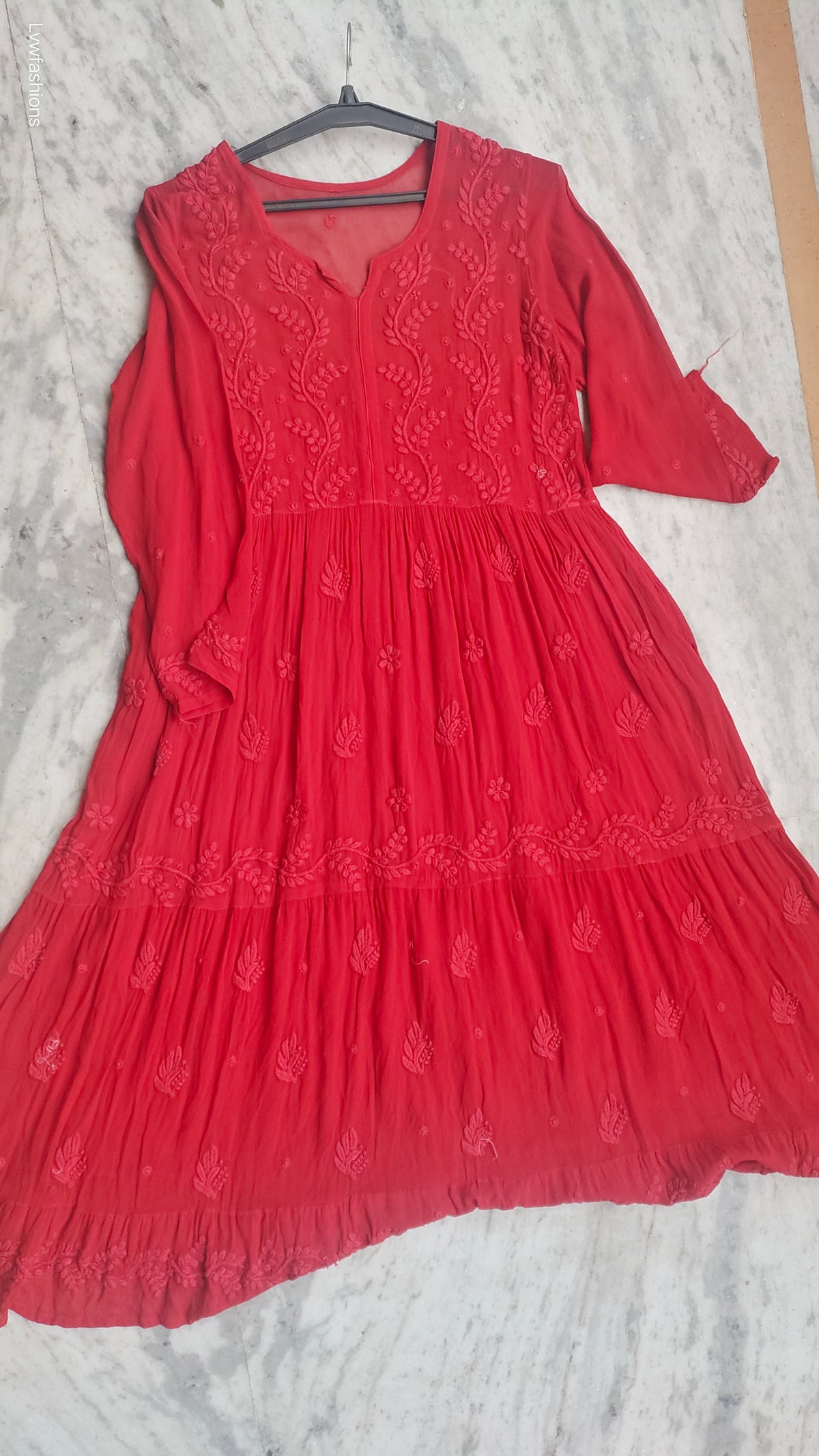Red premium georgette Chikankari gown by LVW Fashions, showcasing intricate handmade Lucknow-style embroidery and elegant design.