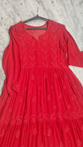 Red premium georgette Chikankari gown with intricate handmade Lucknow chikankari embroidery by LVW Fashions.