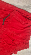 Red premium georgette Chikankari gown by LVW Fashions featuring intricate handmade Lucknow-style embroidery.