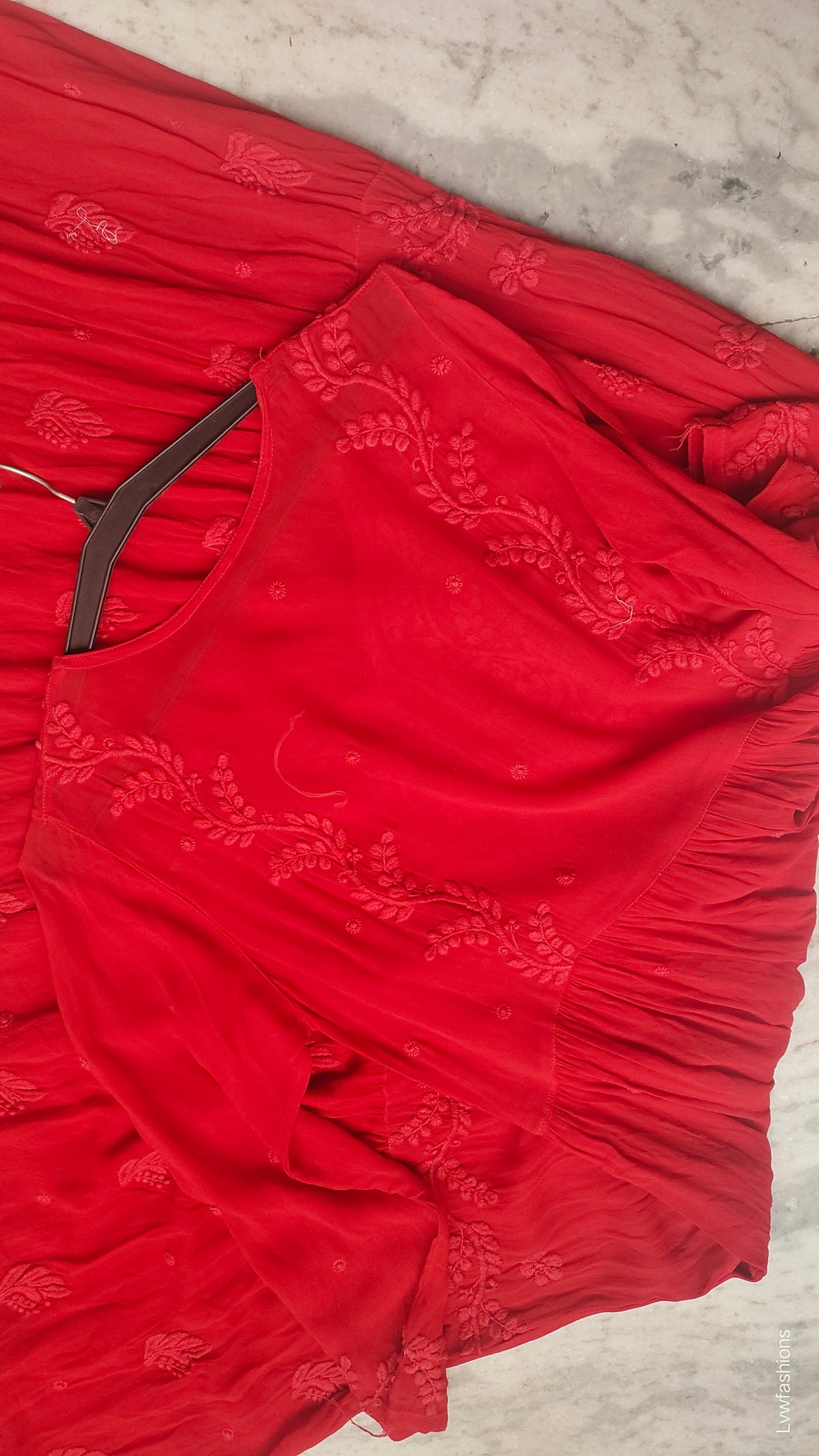 Red premium georgette Chikankari gown by LVW Fashions featuring intricate handmade Lucknow-style embroidery.