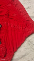 Red premium georgette Chikankari gown by LVW Fashions featuring intricate handmade Lucknow Chikankari embroidery.