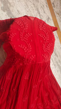 Red premium georgette Chikankari gown by LVW Fashions, featuring intricate handmade Lucknow Chikankari embroidery.