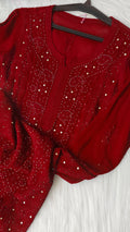 Reddish premium georgette long chikankari kurta with mukaish embellishments, handcrafted by LVW Fashions, featuring traditional Lucknow Chikankari.