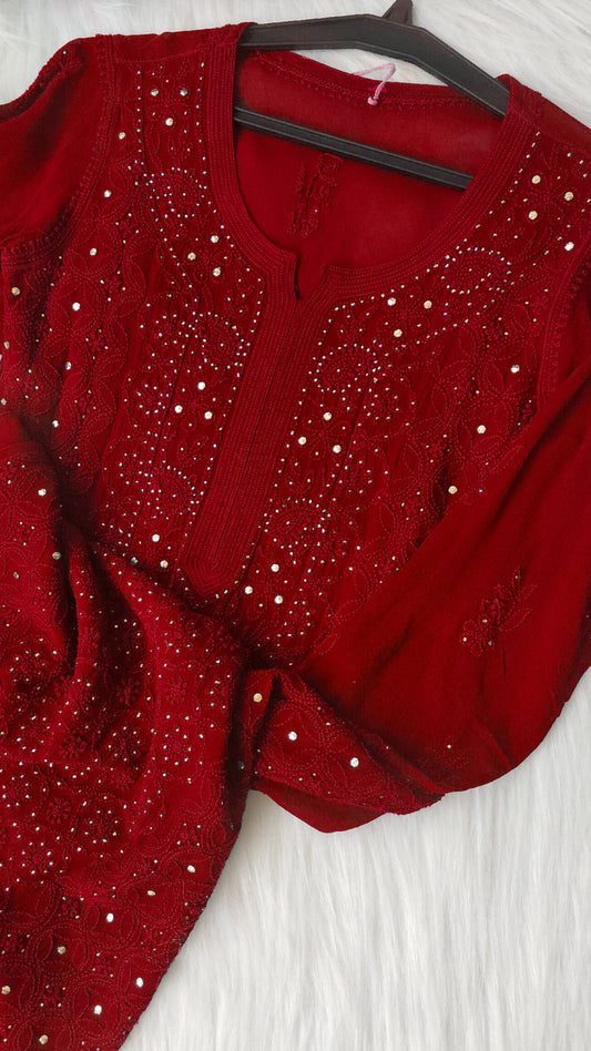 Reddish premium georgette long chikankari kurta with mukaish embellishments, handcrafted by LVW Fashions, featuring traditional Lucknow Chikankari.