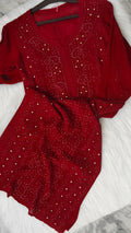 Reddish premium georgette long chikankari kurta with mukaish embellishments, handmade by LVW Fashions, featuring intricate Lucknow chikankari.