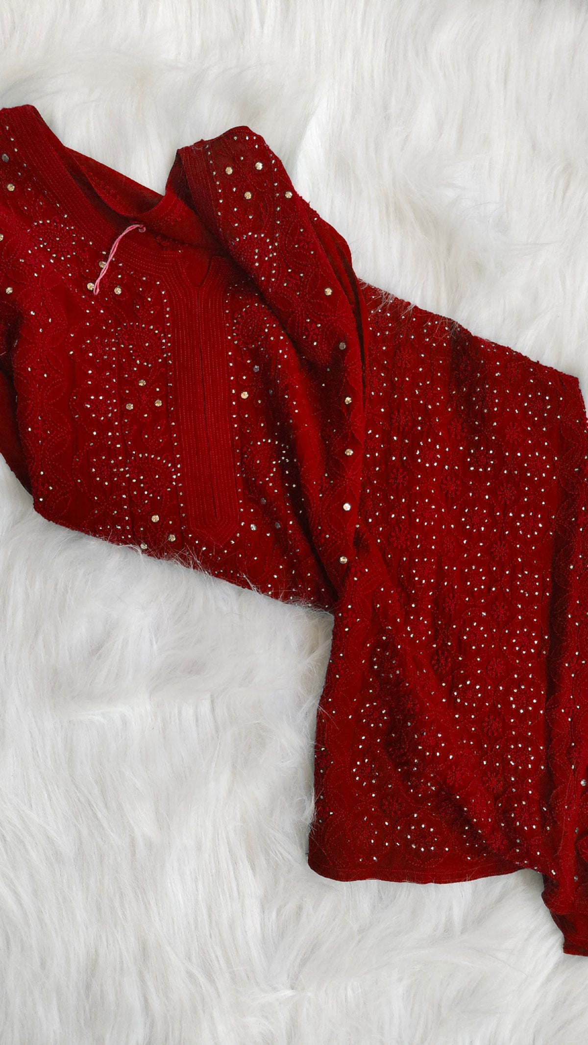 Reddish premium georgette long chikankari kurta with mukaish accents from LVW Fashions, handmade Lucknow chikankari style.