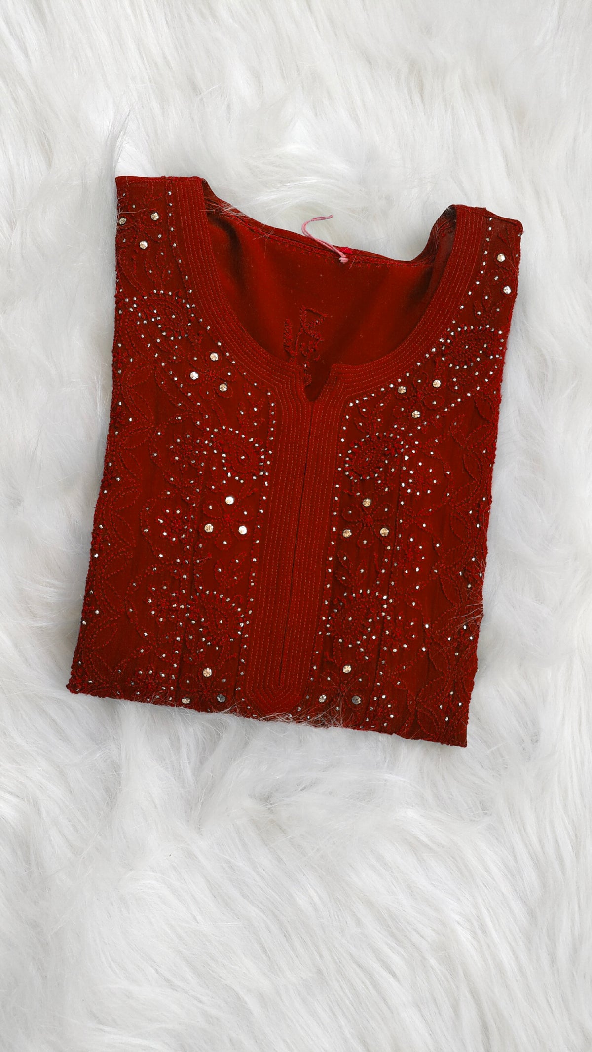 Reddish premium georgette long chikankari kurta with mukaish embellishments, handmade by LVW Fashions, featuring intricate Lucknow chikankari.