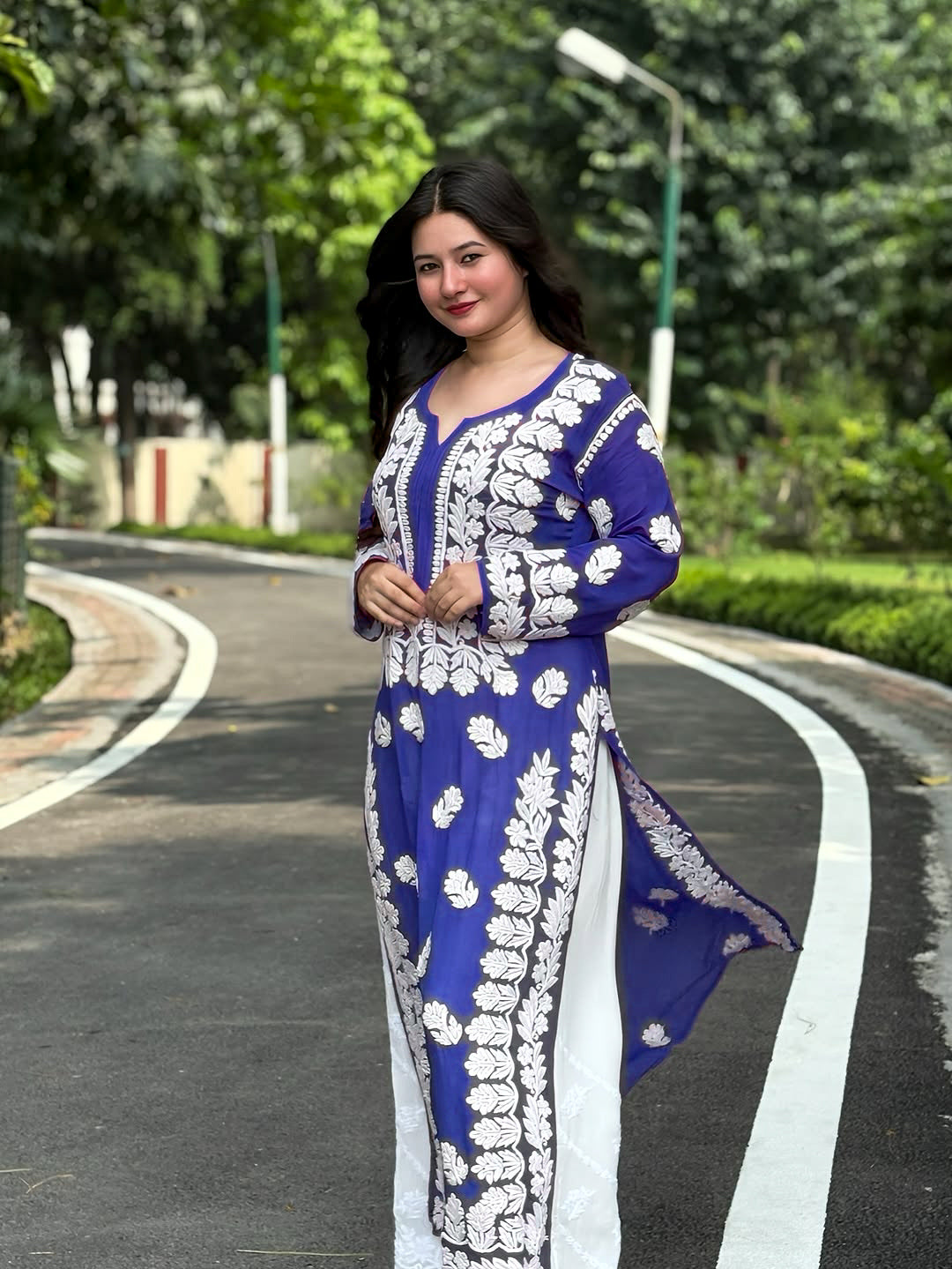 Luxurious long LVW Fashions Rehamt premium Georgette Chikankari kurti for women, handmade Lucknow Chikankari in elegant design
