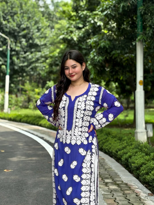 Luxury LVW Fashions Rehamt Georgette Chikankari long kurti for women, handmade Lucknow Chikankari with intricate embroidery.