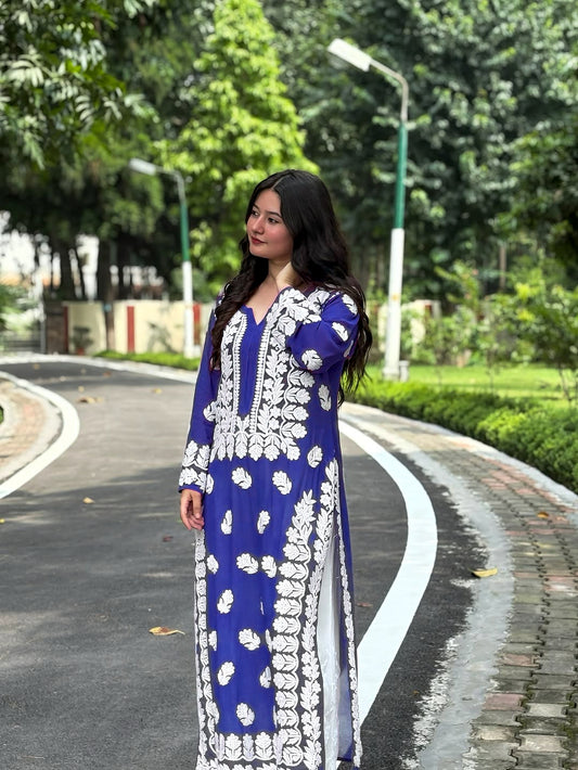Luxury Rehamt premium georgette long kurti for women with intricate Lucknow chikankari embroidery by LVW Fashions.
