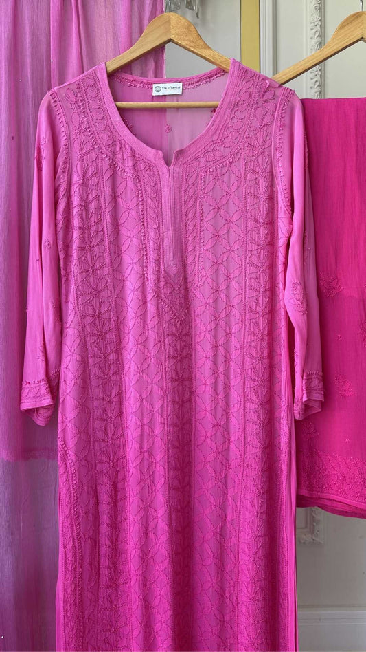 Resham Series premium georgette Chikankari long kurti by LVW Fashions with intricate handmade Lucknow Chikankari design.