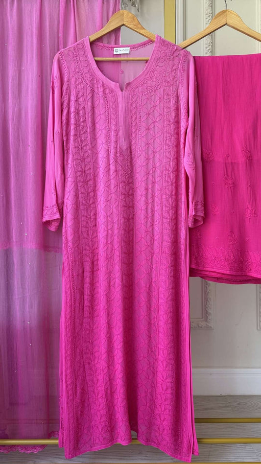 Handmade Resham Series premium georgette Chikankari long kurti by LVW Fashions, featuring traditional Lucknow embroidery.
