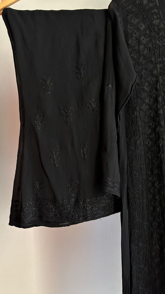Black Resham Series premium Georgette Chikankari long kurti by LVW Fashions, handmade Lucknow chikankari design.