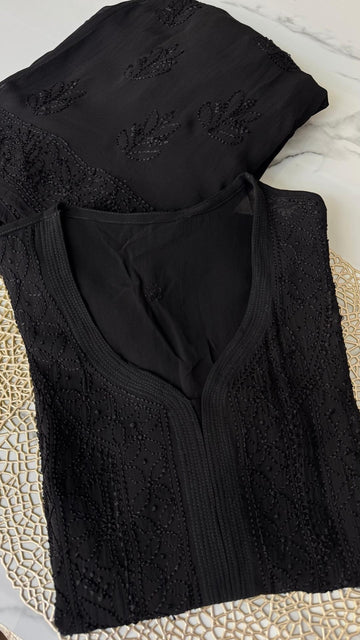 Resham Series Premium Georgette Chikankari Long Kurti Black
