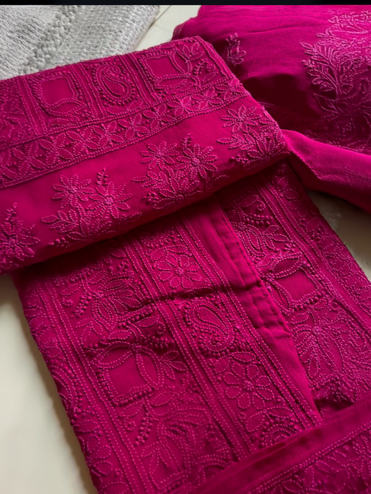 LVW Fashions Resham Series premium georgette long kurti with intricate Lucknow chikankari embroidery, showcasing detailed handmade craftsmanship.