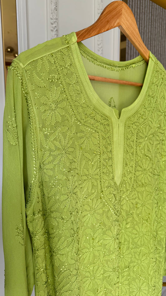 LVW Fashions Resham Series premium georgette long kurti with intricate handmade Lucknow chikankari embroidery.