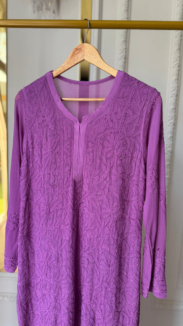LVW Fashions Resham Series long georgette kurti with intricate handmade Lucknow Chikankari embroidery, stylish and elegant.