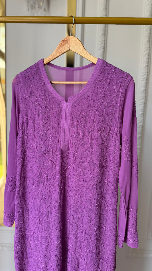 LVW Fashions Resham Series long georgette kurti with intricate handmade Lucknow Chikankari embroidery, stylish and elegant.