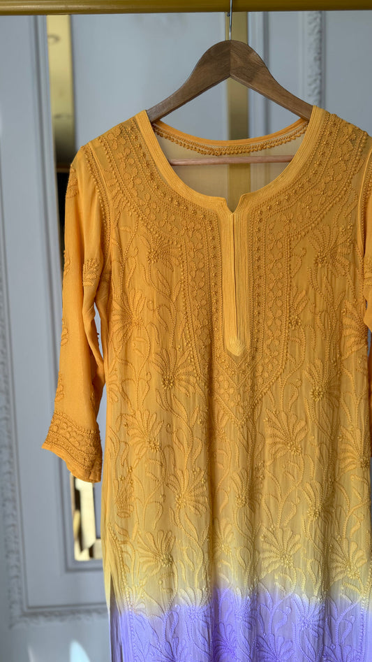 Handmade LVW Fashions Resham Series long georgette Chikankari kurti with intricate embroidery, in a soft pastel shade.
