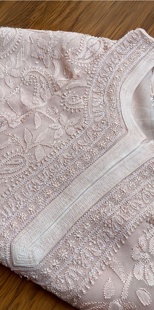 Resham Series premium georgette Resham Chikankari long kurti by LVW Fashions, handcrafted Lucknow Chikankari design, XXS size