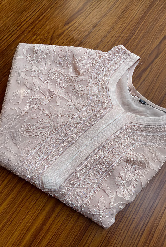 Handmade Resham Series Georgette Chikankari long Kurti by LVW Fashions, featuring intricate Lucknow-style embroidery.