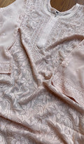 Handmade LVW Fashions Resham Series long georgette Chikankari kurti with intricate embroidery, crafted in Lucknow style.