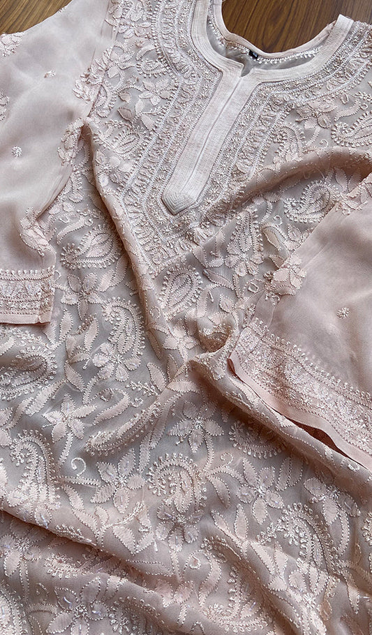 Handmade LVW Fashions Resham Series long georgette Chikankari kurti with intricate embroidery, crafted in Lucknow style.