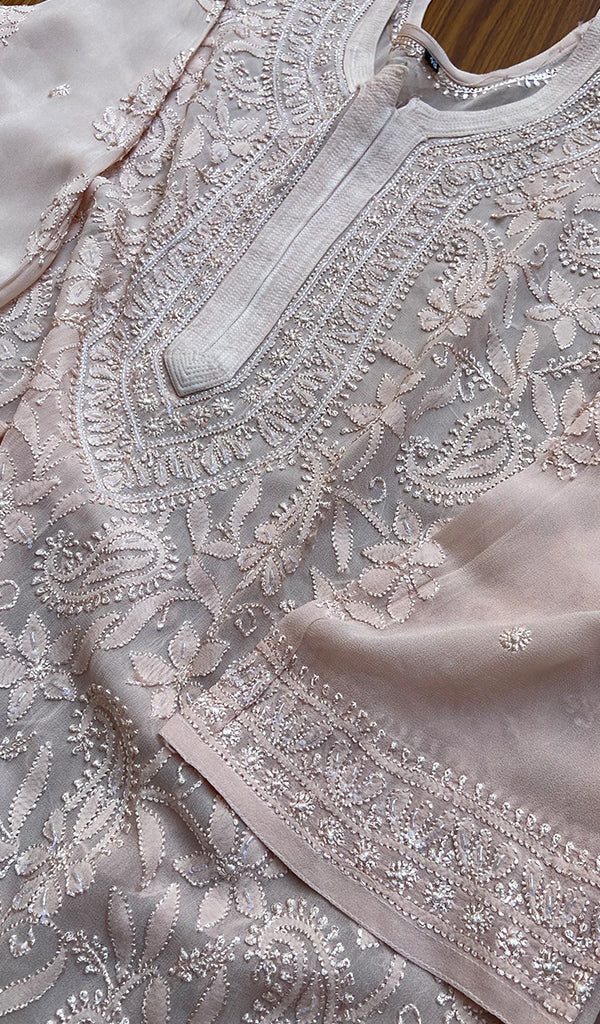 Handmade Resham Series Georgette Chikankari Long Kurti by LVW Fashions, featuring intricate Lucknow-style embroidery.