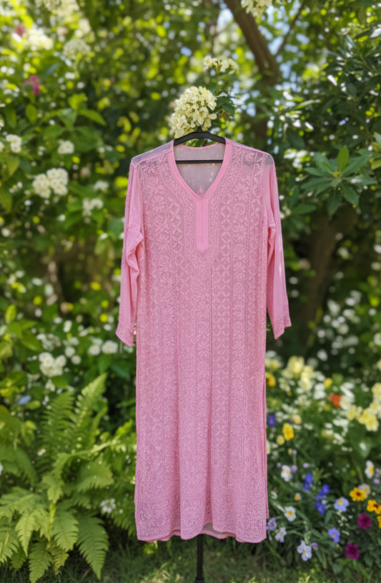 Long LVW Fashions Georgette Resham Chikankari Kurti with intricate embroidery, traditional Lucknow style, handmade designer kurta.