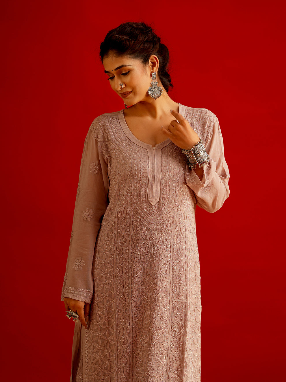 Handcrafted Resham Series pure georgette long kurti set with intricate Lucknow Chikankari embroidery by LVW Fashions.