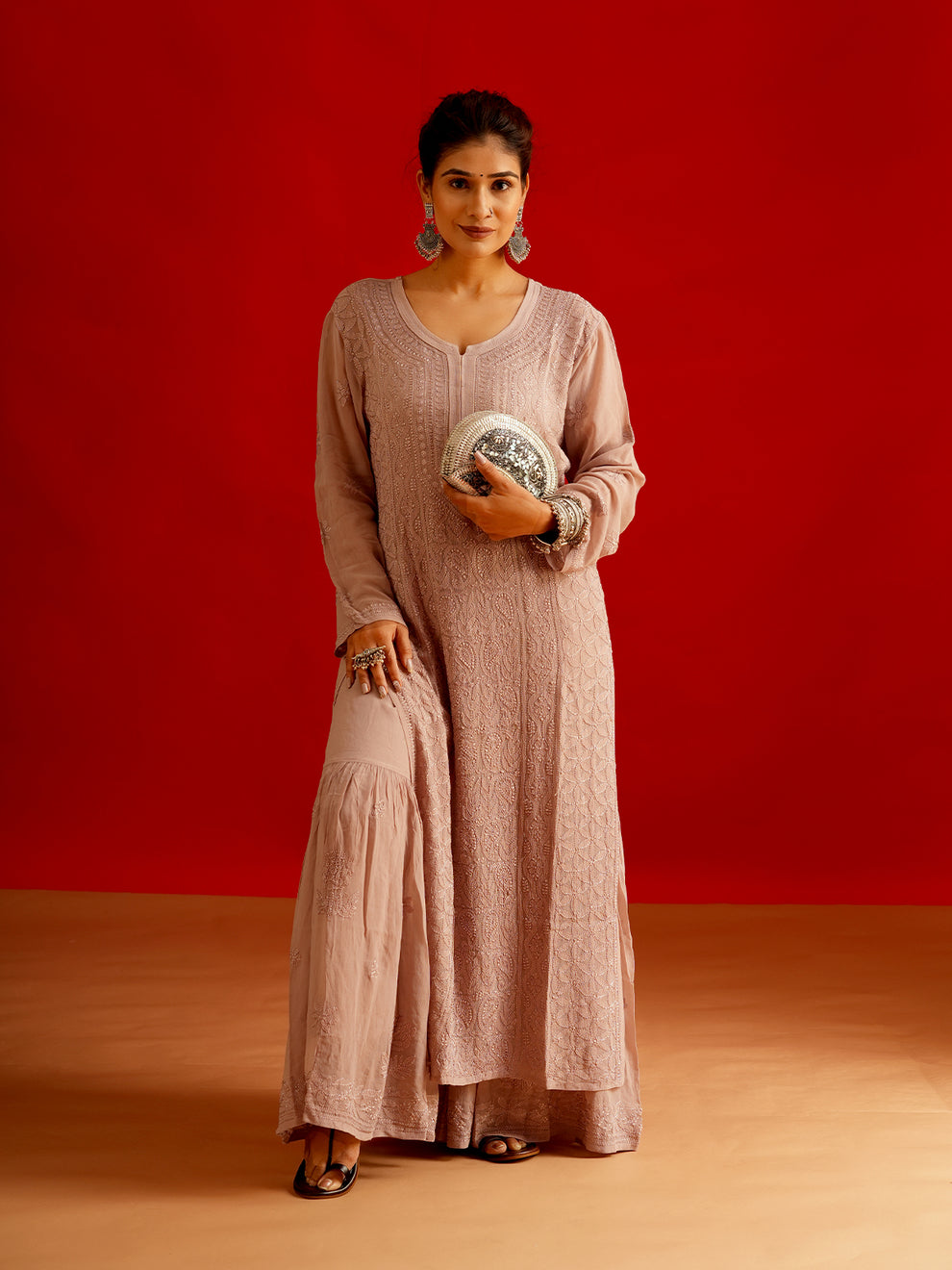 Handcrafted Resham Series pure Georgette long Kurti set with intricate Lucknow Chikankari embroidery, featuring elegant craftsmanship and design.