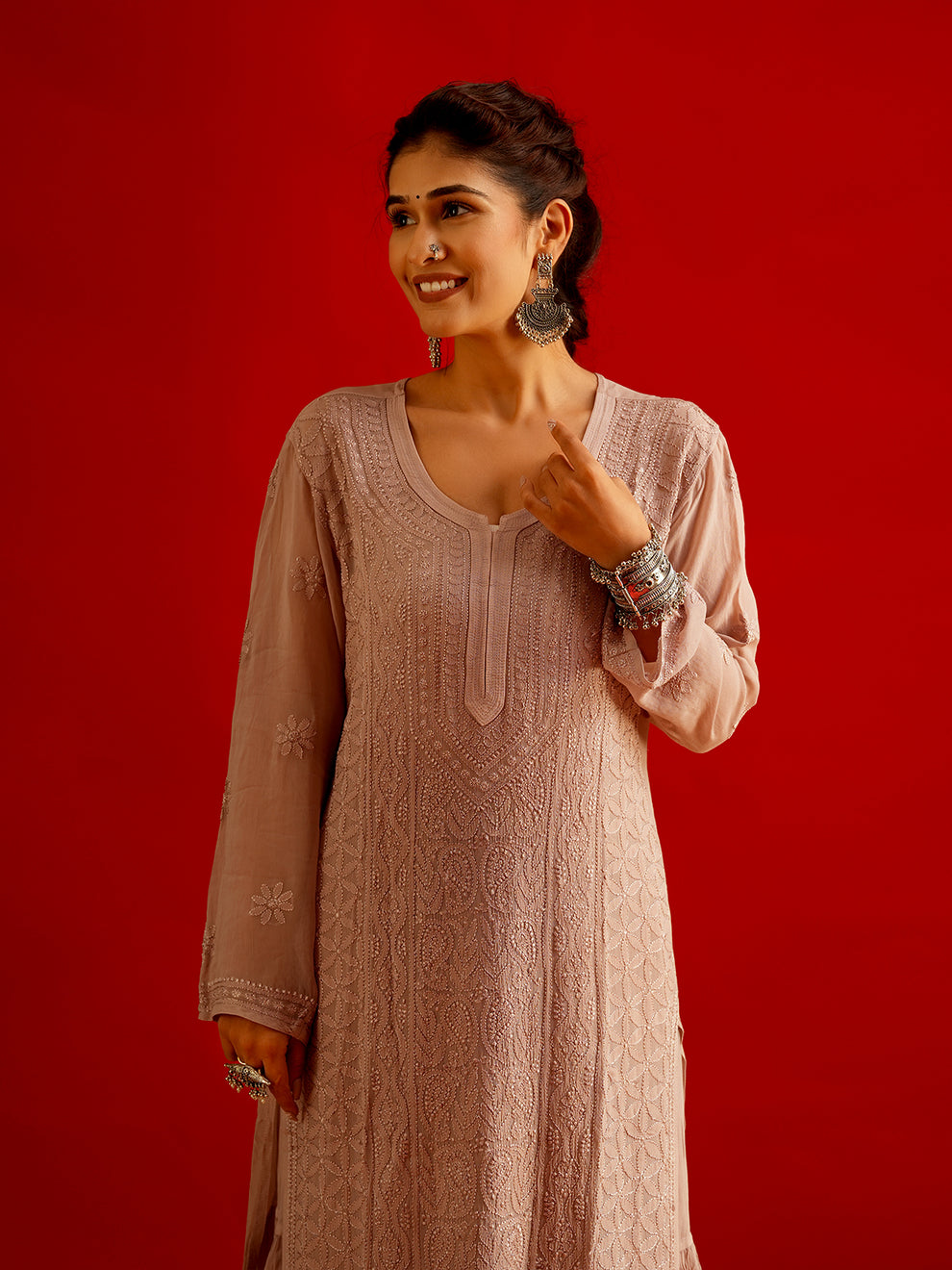Handcrafted Resham Series Georgette Chikankari Long Kurti set by LVW Fashions, featuring intricate Lucknow Chikankari embroidery.