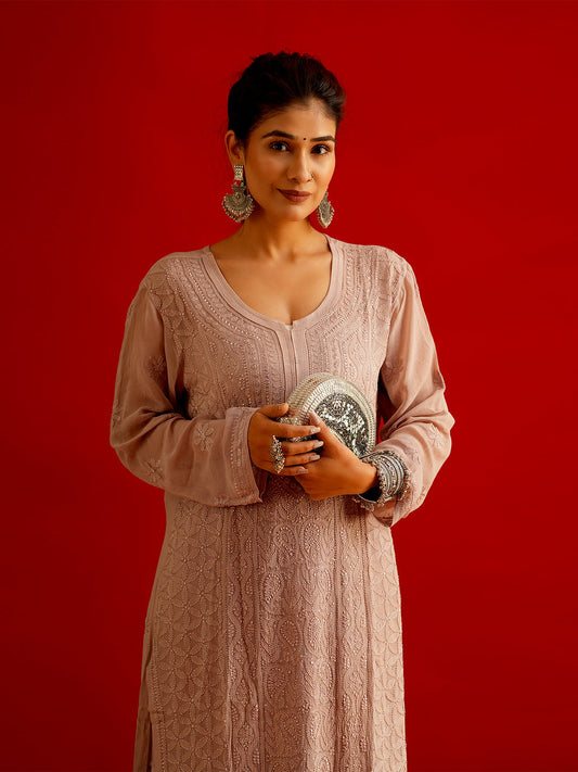 Resham Series Pure Handcrafted Premium Georgette Chikankari Long Kurti Set