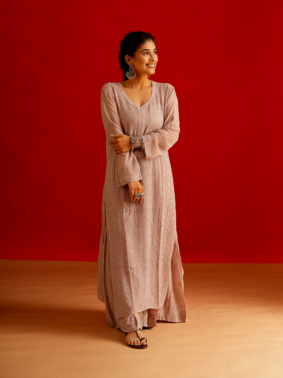 LVW Fashions Resham Series pure handcrafted georgette long chikankari kurti set with intricate Lucknow chikankari embroidery.
