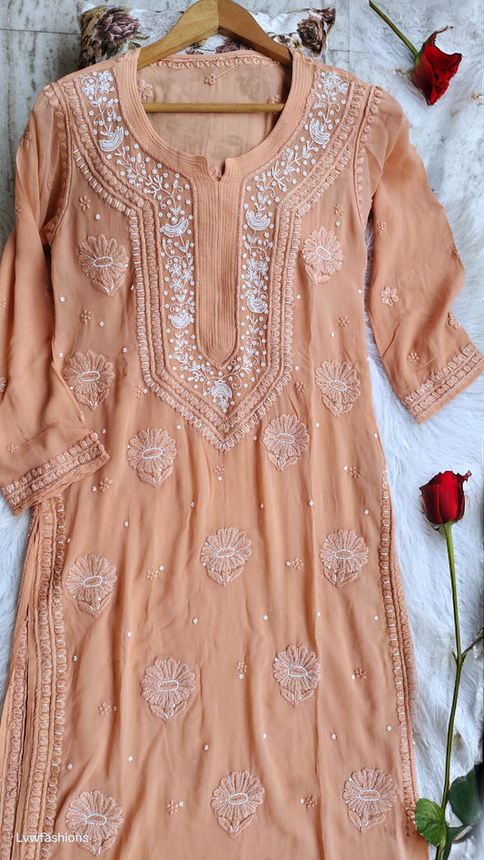 Noori luxurious Chikankari kurta by LVW Fashions featuring pearl and cutdana embroidery, handmade Lucknow Chikankari, in soft pastel color.