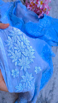 Rose blue silk long kurta with intricate Lucknow chikankari embroidery, neck design, and slit details by LVW Fashions.