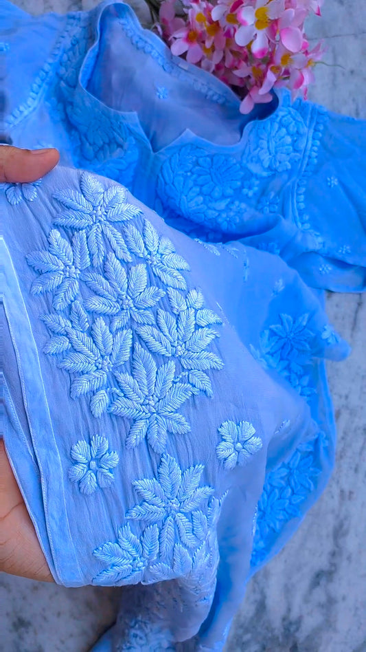 Rose blue silk long kurta with intricate Lucknow chikankari embroidery, neck design, and slit details by LVW Fashions.