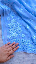 Rose blue premium silk long kurta with intricate Lucknow chikankari embroidery, neck and slit details, handmade by LVW Fashions.
