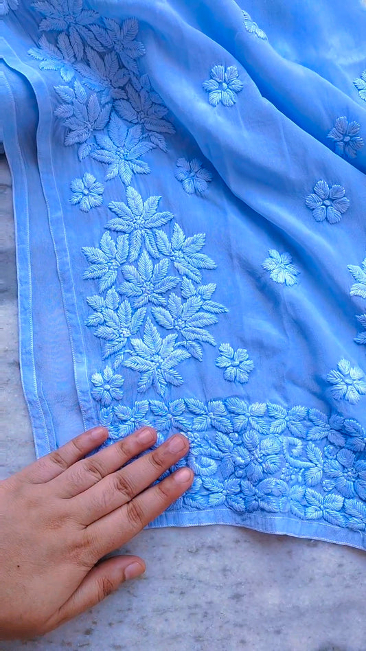 Rose blue premium silk long kurta with intricate Lucknow chikankari embroidery, neck and slit details, handmade by LVW Fashions.